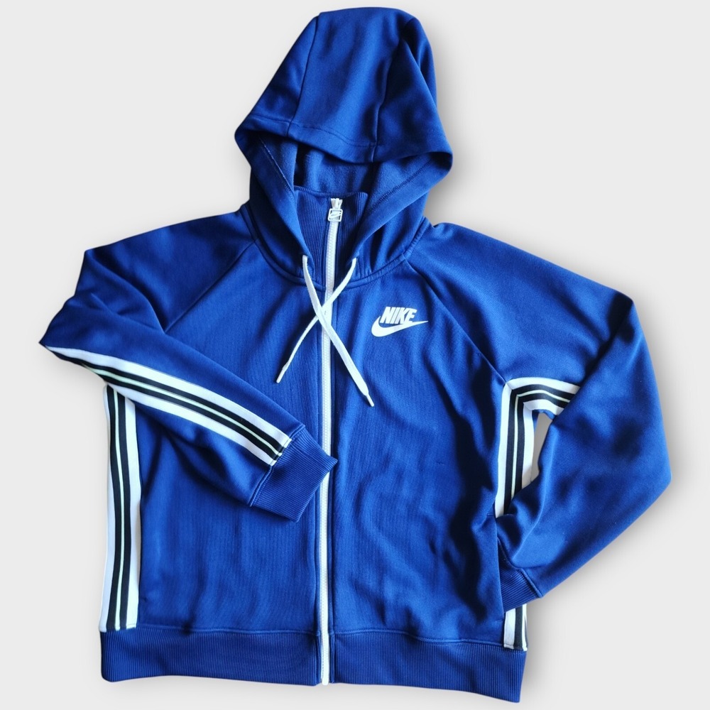 Nike Women's L Zip Hoodie Blue Stripe Sleeve Full Zip Logo Jacket